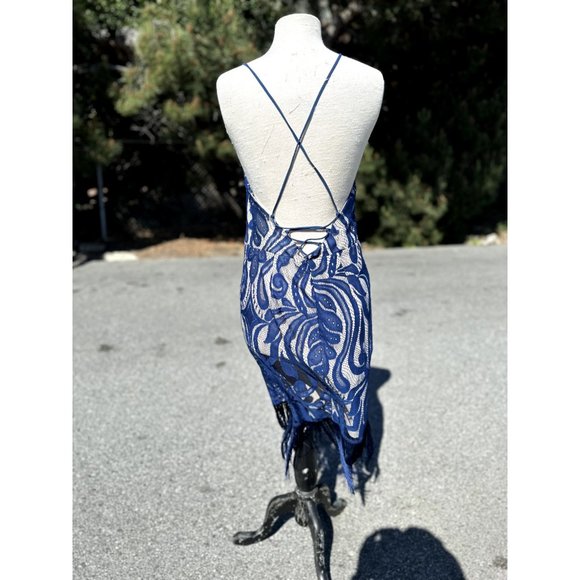K Jordan Lace Dress Women's Large Navy Blue V-Neck Fringe Hem Spaghetti Strap - Picture 2 of 12